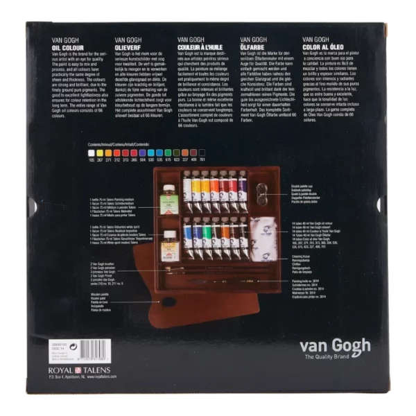 The back of a Van Gogh Oil Colour Box Set Inspiration is shown in the center of the frame. The box is black with white text and it shows an image of the open set on the box. The image is center of the frame and on a white background.