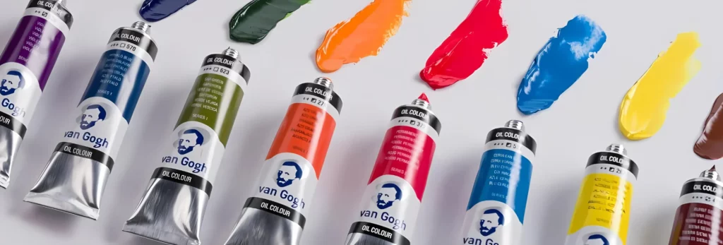 the image is a close up of 8 tubes of vang gogh oil paint that are open and the paint has been squeezed out of the tube in front of it. they are all in a row and in a rainbow order of colours. on a white canvas.