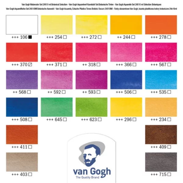 A colour swatch for the Van Gogh Plastic Box Half Pan Botanical Watercolour Set of 24. There are 24 rectangular blocks of colour, denoting the colour of each tube in the set, The colour name and code is shown below each block. The Van Gogh logo is shown at the bottom, center of the frame. On a white background.