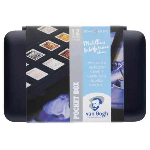 A single Van Gogh Plastic Box Half Pan Specialty Selection Watercolour Set of 12 is shown horizontally, across the center of the frame. The set is in a black box and there is a blue cardboard sleeves around part of the box that has white text and the Van Gogh logo printed on it. On a white background.