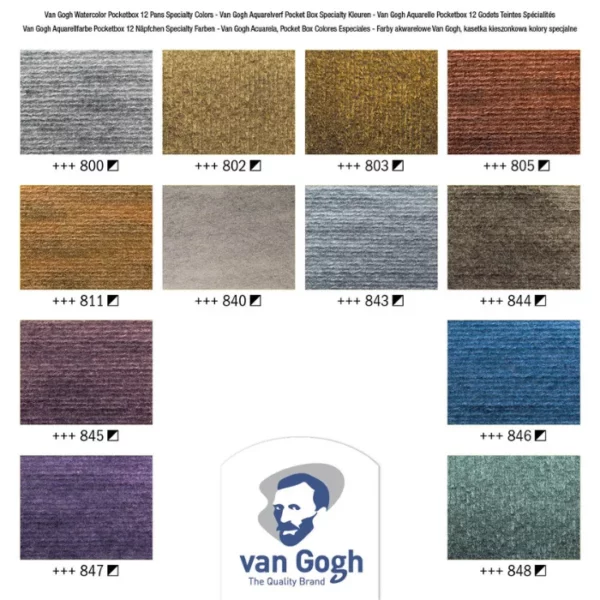 A colour swatch for the Van Gogh Plastic Box Half Pan Specialty Selection Watercolour Set of 12. There are 12 rectangular blocks of colour, denoting the colour of each tube in the set, The colour name and code is shown below each block. The Van Gogh logo is shown at the bottom, center of the frame. On a white background.