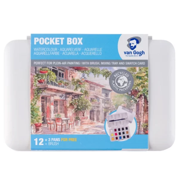 A Van Gogh Plastic Box Half Pan Watercolour Set of 12 is shown, horizontally in the center of the frame. The casing is white plastic and there is a paper sleeve around the middle of the box that is blue and has a watercolour house painted on it. The Van Gogh logo is printed in the top right hand corner of the sleeve. On a white background.