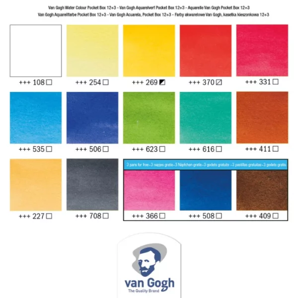 A colour swatch for the Van Gogh Plastic Box Half Pan Watercolour Set of 12. There are 12 rectangular blocks of colour, denoting the colour of each tube in the set, The colour name and code is shown below each block. The Van Gogh logo is shown at the bottom, center of the frame. On a white background.