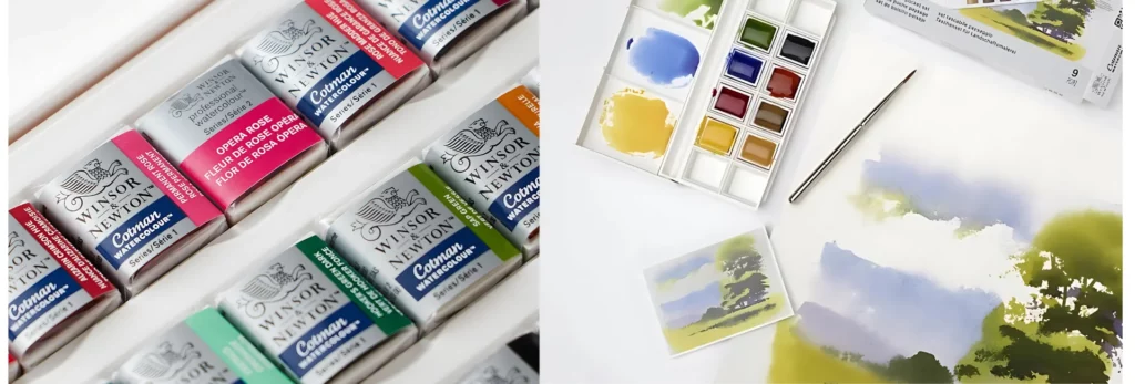 the left hand image is a close up of a pan set of cotmans. they are all in their original packaging and neatly in a row unused. the right hand image is an open pan set that has been used to create a scenic picture of a tree. the brush is infront of the picture and the box for the pan set is on the right hand side