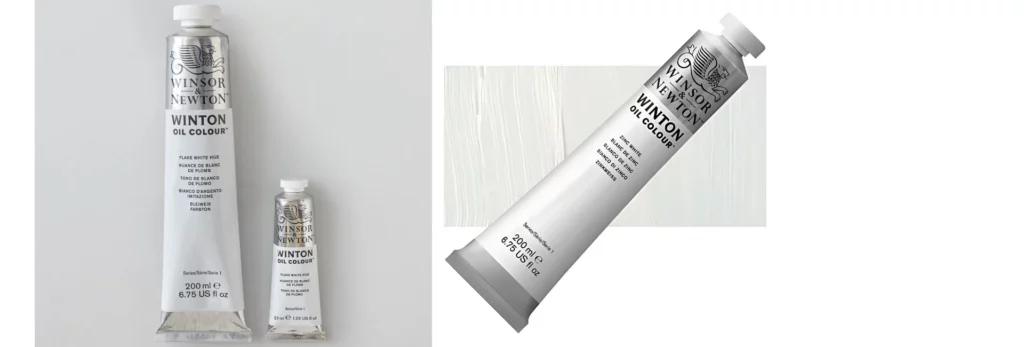 the left hand image is of two tubes of winton white oil paint. one 200ml tube and one 39ml tube sitting next to eachother on a white background. the right hand image is of a single 200ml tube of winton 200ml oil paint at a diagonal angle on a rectangular colour swatch. on a white background