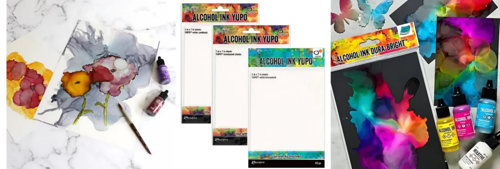 the left hand image is of yupo paper on a table top and it has flowers made on it using the alcohol inks. the middle image is of three different types of tim holtz yupo paper in their packaging and fanned out to see all three different types. the right hand image is of black yupo paper with alocol inks on it and it looks fluro in colour. there are butterflies in the background that have been made the same way and cut out.