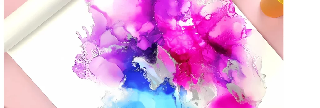 the image is a close up of a sheet of yupo paper with alcohol inks on it in shades of pink, blue and silver. they are put on and just bloom out to create a beautiful mess. on a pink tabletop