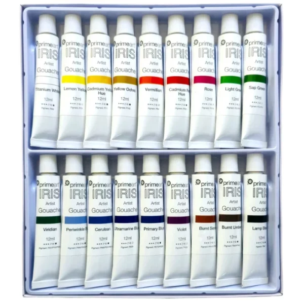 The contents of a 18's Prime Art Iris Gouache Set is shown in the center of the frame, still in the base of the box. The paints are lined up next to each other. There are two rows with 9 paints in each row. Each tube is white and has a white screw on lid and a label around the body of each tube. The label is printed with the Iris logo and has a colour swatch to show the colour of the paint. On a white background.