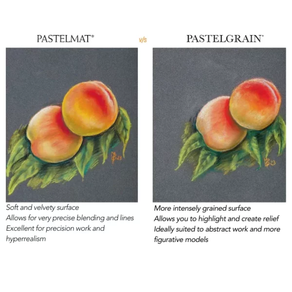 A drawing of two peaches has been made on a sheet of Clairefontaine PastelGrain and Clairefontaine PastelMat to show the difference between the two surfaces. On a white background.