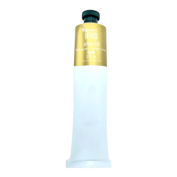 Gold Iris Oil Paint 200ml is seen standing vertically in the center of the frame. The tube is white and has a band of colour around the top of the tube that indicates the colour of the paint. The tube has a black plastic screw top. On a white background.