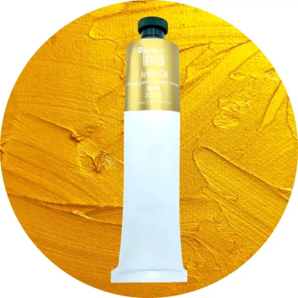 Gold Iris Oil Paint 200ml is seen standing vertically in the center of the frame. The tube is white and has a band of colour around the top of the tube that indicates the colour of the paint. The tube has a black plastic screw top. There is a circle in the center of the frame in the background, behind the tube of paint which has the paint swatch in it. On a white background.