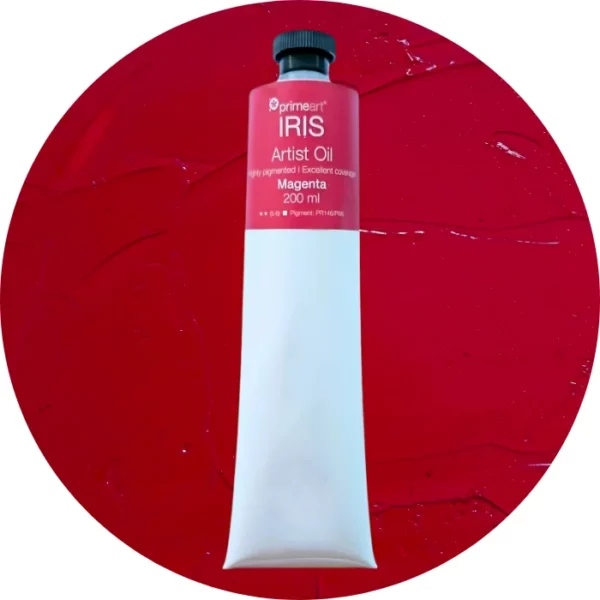 Magenta Iris Oil Paint 200ml is seen standing vertically in the center of the frame. The tube is white and has a band of colour around the top of the tube that indicates the colour of the paint. The tube has a black plastic screw top. There is a circle in the center of the frame in the background, behind the tube of paint which has the paint swatch in it. On a white background.