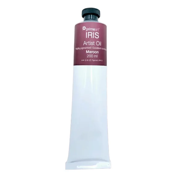 Maroon Iris Oil Paint 200ml is seen standing vertically in the center of the frame. The tube is white and has a band of colour around the top of the tube that indicates the colour of the paint. The tube has a black plastic screw top. On a white background.