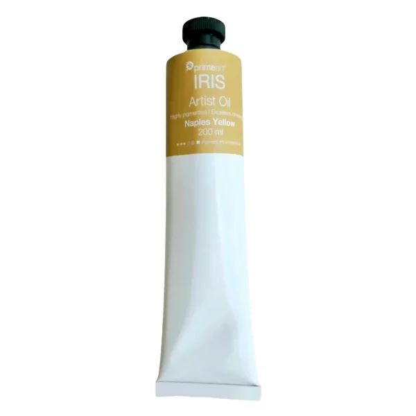 Naples Yellow Iris Oil Paint 200ml is seen standing vertically in the center of the frame. The tube is white and has a band of colour around the top of the tube that indicates the colour of the paint. The tube has a black plastic screw top. On a white background.