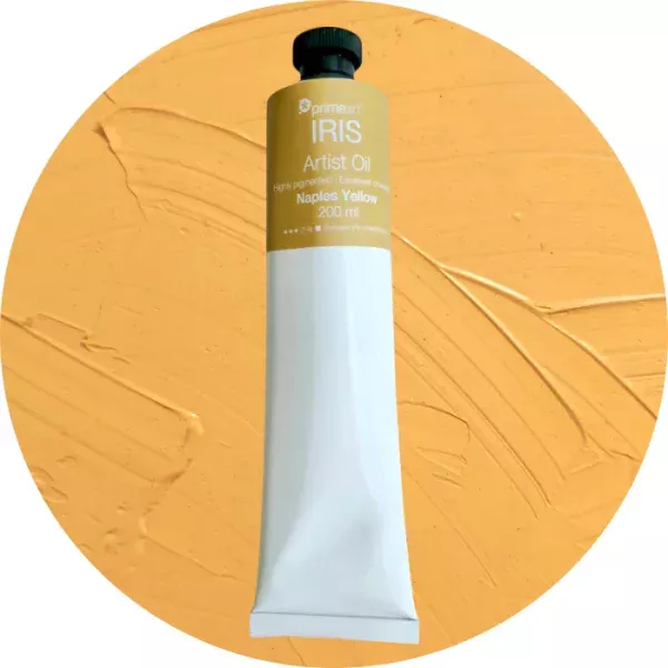 Naples Yellow Iris Oil Paint 200ml is seen standing vertically in the center of the frame. The tube is white and has a band of colour around the top of the tube that indicates the colour of the paint. The tube has a black plastic screw top. There is a circle in the center of the frame in the background, behind the tube of paint which has the paint swatch in it. On a white background.