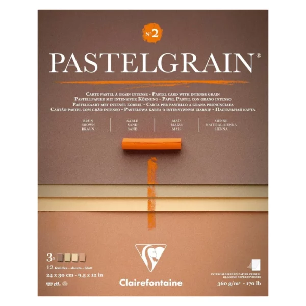 A single Natural Shades Clairefontaine PastelGrain Glued Pad 24cm x 30cm is shown vertically in the center of the frame. The pad is rectangular in shape and has the PastelGrain logo printed at the top of the pad. There is an image of a pastel on the cover. On a white background.