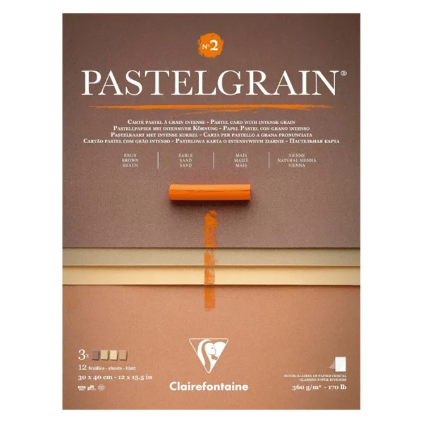 A single Natural Shades Clairefontaine PastelGrain Glued Pad 30cm x 40cm is shown vertically in the center of the frame. The pad is rectangular in shape and has the PastelGrain logo printed at the top of the pad. There is an image of a pastel on the cover. On a white background.