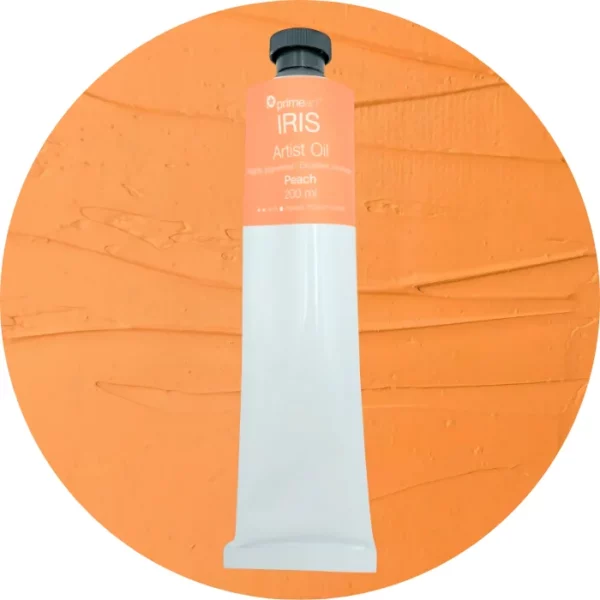 Peach Iris Oil Paint 200ml is seen standing vertically in the center of the frame. The tube is white and has a band of colour around the top of the tube that indicates the colour of the paint. The tube has a black plastic screw top. There is a circle in the center of the frame in the background, behind the tube of paint which has the paint swatch in it. On a white background.