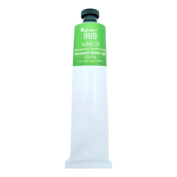 Permanent Green Light Iris Oil Paint 200ml is seen standing vertically in the center of the frame. The tube is white and has a band of colour around the top of the tube that indicates the colour of the paint. The tube has a black plastic screw top. On a white background.