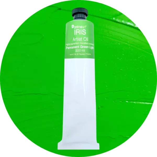 Permanent Green Light Iris Oil Paint 200ml is seen standing vertically in the center of the frame. The tube is white and has a band of colour around the top of the tube that indicates the colour of the paint. The tube has a black plastic screw top. There is a circle in the center of the frame in the background, behind the tube of paint which has the paint swatch in it. On a white background.