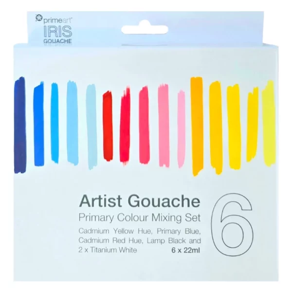 A Prime Art Iris Gouache Primary Mixing Set is shown in the center of the frame. The box is white and the Prime Art Iris logo is printed in the top left hand corner of the box. There are various paint lines in different colours shown on the front of the box. A large number 6 is shown in the bottom right hand corner of the box to indicate the set contains 6 tubes. On a white background.