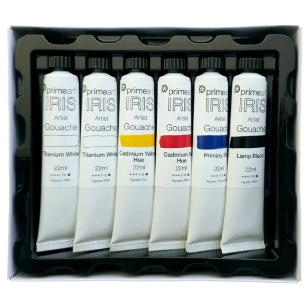 6 tubes of paint from the Prime Art Iris Gouache Primary Mixing Set are shown in the black plastic tray that fits inside the box. The tubes are white and have black plastic, screw on lids. Each tube has a label around the body of the tube. The label has the Iris Prime Art logo printed on it, with other black text describing the colour and qualities of the paint. A colour swatch is shown on each label, indicating the colour inside the tube. On a white background.