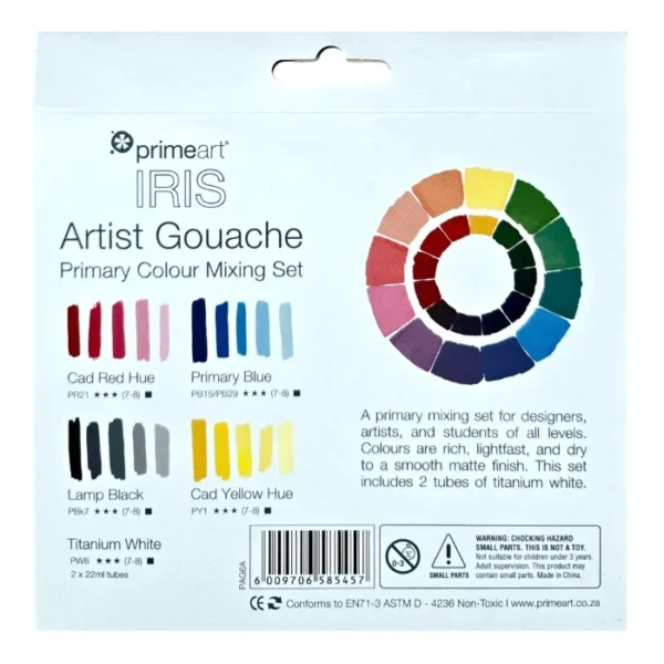 The back of a box of Prime Art Iris Gouache Primary Mixing Set is shown in the center of the frame. The box is white and has black text describing the product. There are colour swatches to show the different shades you can make using the colours in the set. On a white background.