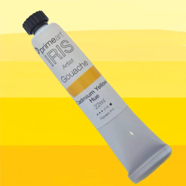 A single tube from the Prime Art Iris Gouache Primary Mixing Set is shown diagonally across the center of the frame. The tube is white and has a black screw on lid. There is a label printed around the body of the tube. The label has the Iris logo printed on it, with the colour and other details written in black. There is a colour swatch on the label so you can see the colour of the paint. The background is made up of different shades of the colour of the paint, with the darkest shade at the bottom, moving to the lightest shade at the top of the frame.