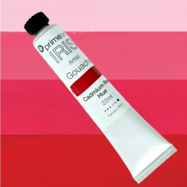 A single tube from the Prime Art Iris Gouache Primary Mixing Set is shown diagonally across the center of the frame. The tube is white and has a black screw on lid. There is a label printed around the body of the tube. The label has the Iris logo printed on it, with the colour and other details written in black. There is a colour swatch on the label so you can see the colour of the paint. The background is made up of different shades of the colour of the paint, with the darkest shade at the bottom, moving to the lightest shade at the top of the frame.