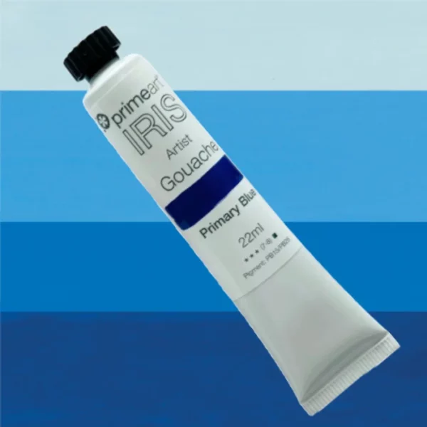 A single tube from the Prime Art Iris Gouache Primary Mixing Set is shown diagonally across the center of the frame. The tube is white and has a black screw on lid. There is a label printed around the body of the tube. The label has the Iris logo printed on it, with the colour and other details written in black. There is a colour swatch on the label so you can see the colour of the paint. The background is made up of different shades of the colour of the paint, with the darkest shade at the bottom, moving to the lightest shade at the top of the frame.