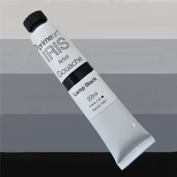 A single tube from the Prime Art Iris Gouache Primary Mixing Set is shown diagonally across the center of the frame. The tube is white and has a black screw on lid. There is a label printed around the body of the tube. The label has the Iris logo printed on it, with the colour and other details written in black. There is a colour swatch on the label so you can see the colour of the paint. The background is made up of different shades of the colour of the paint, with the darkest shade at the bottom, moving to the lightest shade at the top of the frame.