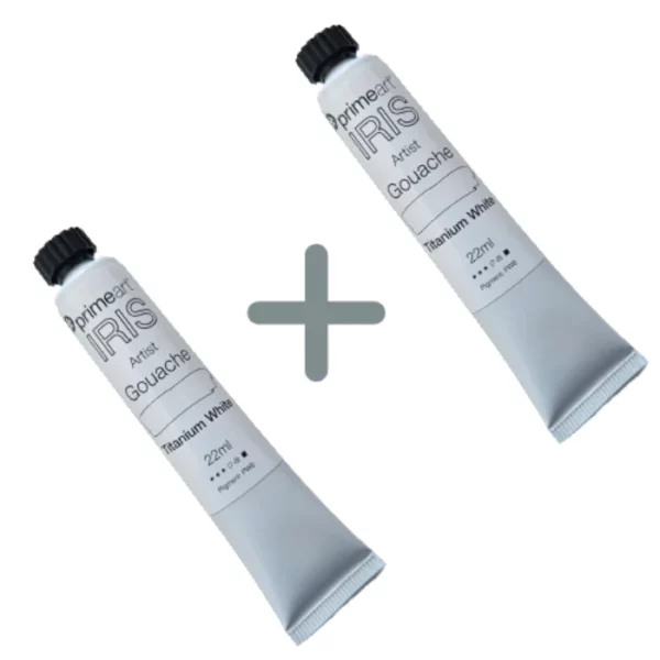 There are 2 tubes of paint from the Prime Art Iris Gouache Primary Mixing Set is shown diagonally across the center of the frame. The tube is white and has a black screw on lid. There is a label printed around the body of the tube. The label has the Iris logo printed on it, with the colour and other details written in black. There is a colour swatch on the label so you can see the colour of the paint. The background is made up of different shades of the colour of the paint, with the darkest shade at the bottom, moving to the lightest shade at the top of the frame.