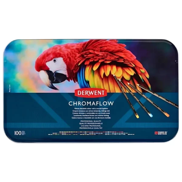 A single Set of 100 Derwent Chromaflow Pencils is shown standing vertically in the center of the frame. There is a reflection of the tin, below the tin. The tin has a picture of a colourful red parrot on the front, with the Derwent Logo and some text describing the contents of the set. The image is center of the frame and on a white background.