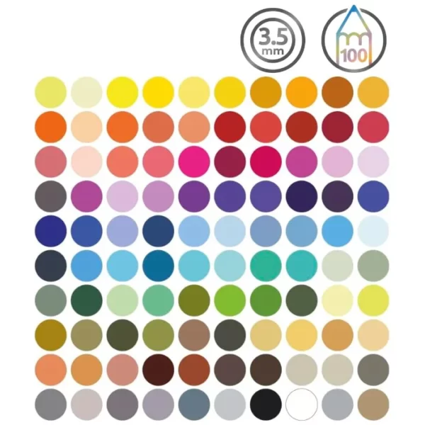 A colour chart for the Set of 100 Derwent Chromaflow Pencils. There are 100 dots of colour on a white background