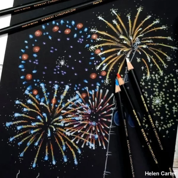 An image of fireworks on a black sheet of paper that was made using the Set of 100 Derwent Chromaflow Pencils is shown in the frame, It is a close up and cut off by the frame.