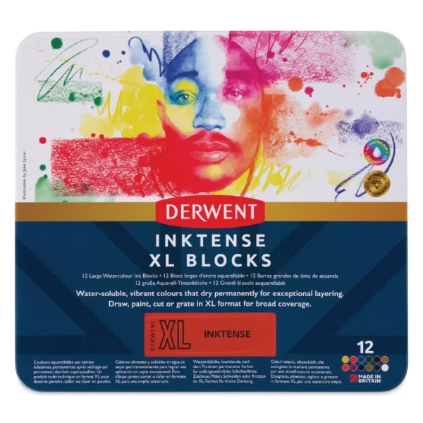 A single Set of 12 Derwent Inktense XL Blocks are shown standing horizontally in the center of the frame. There is a reflection of the tin, below the tin. The front of the tin is shown in the frame. There is a coloured image of a drawing of a person with a colourful abstract background at the top of the tin. The base of the tin is blue with white text. On a white background.