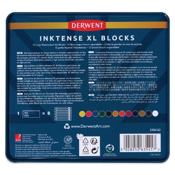 A single Set of 12 Derwent Inktense XL Blocks are shown standing horizontally in the center of the frame. There is a reflection of the tin, below the tin. The back of the tin is shown in the frame. The tin is blue with white text and the red Derwent Logo is printed at the top, center of the tin. On a white background.