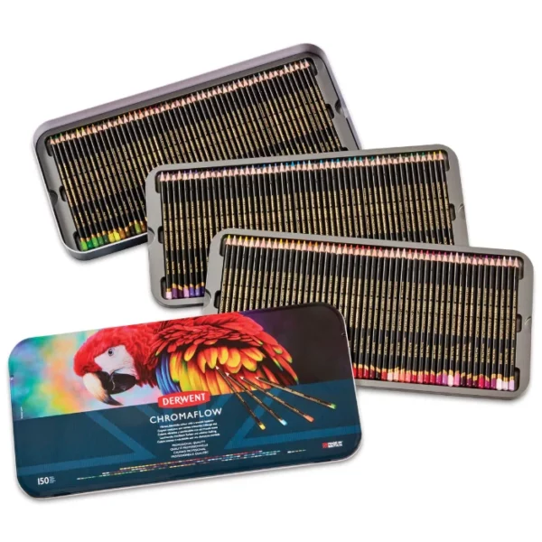 A single Set of 150 Derwent Chromaflow Pencils is shown standing horizontally in the center of the frame. The tin has a picture of a colourful red parrot on the front, with the Derwent Logo and some text describing the contents of the set. The tin is at a slight angle and is open, so you can see the three trays of pencils behind the lid. The pencils have black barrels with gold text. The image is center of the frame and on a white background.