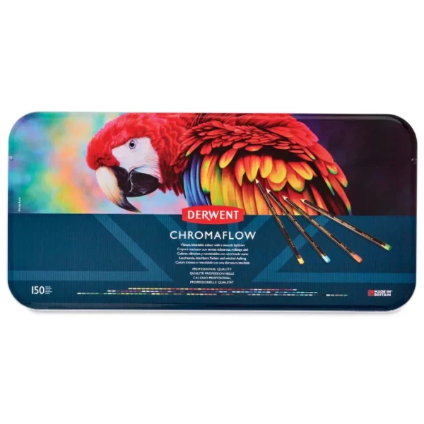 A single Set of 150 Derwent Chromaflow Pencils is shown standing vertically in the center of the frame. There is a reflection of the tin, below the tin. The tin has a picture of a colourful red parrot on the front, with the Derwent Logo and some text describing the contents of the set. The image is center of the frame and on a white background.