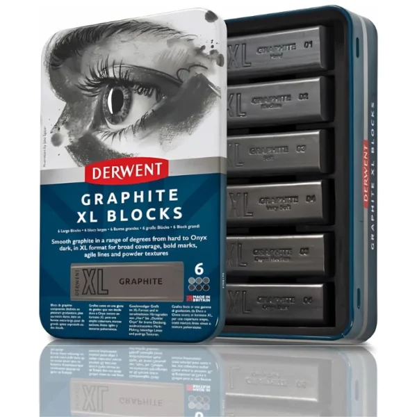 A single Set of 6 Set of 6 Derwent Graphite XL Blocks is shown vertically in the center of the frame. The tin has a picture of a persons lips at the top of the tin and the bottom of the tin is blue with white text and has the details of the set printed on it. The Derwent logo is printed in red, in the center of the tin. Behind the tin lid, you can see the inside of the base tray that holds the 6 sticks. They are all a different colour and are debossed with the colour and codes. On a white background.