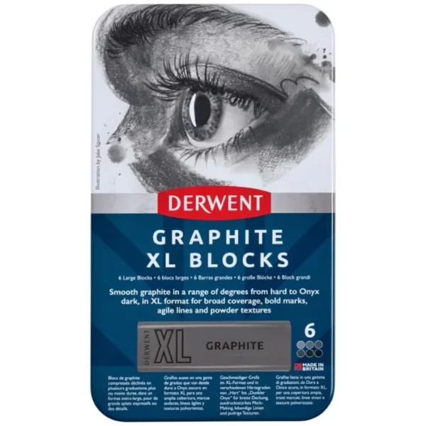 A single Set of 6 Derwent Graphite XL Blocks is shown vertically in the center of the frame. The tin has a picture of a persons lips at the top of the tin and the bottom of the tin is blue with white text and has the details of the set printed on it. The Derwent logo is printed in red, in the center of the tin. On a white background.