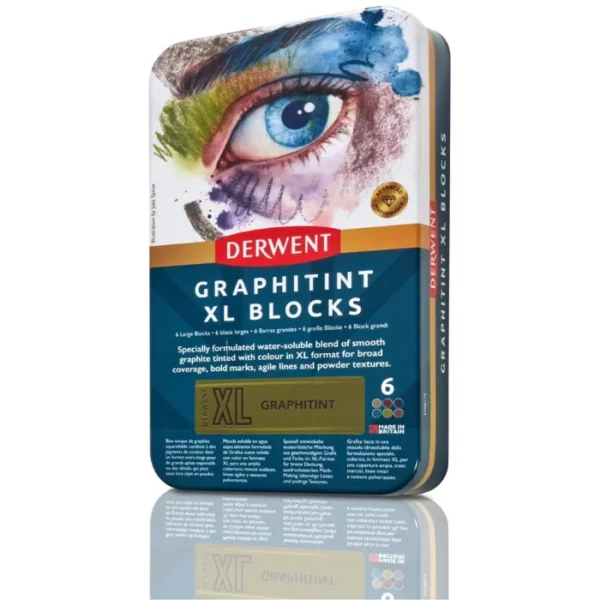 A single Set of 6 Derwent Graphitint XL Blocks is shown vertically in the center of the frame. The tin has a picture of a persons eyes at the top of the tin and the bottom of the tin is blue with white text and has the details of the set printed on it. The Derwent logo is printed in red, in the center of the tin. On a white background.