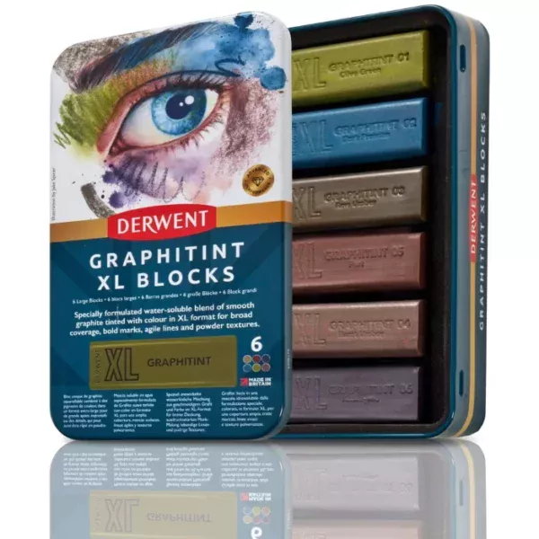 A single Set of 6 Derwent Graphitint XL Blocks is shown vertically in the center of the frame. The tin has a picture of a persons lips at the top of the tin and the bottom of the tin is blue with white text and has the details of the set printed on it. The Derwent logo is printed in red, in the center of the tin. Behind the tin lid, you can see the inside of the base tray that holds the 6 sticks. They are all a different colour and are debossed with the colour and codes. On a white background.