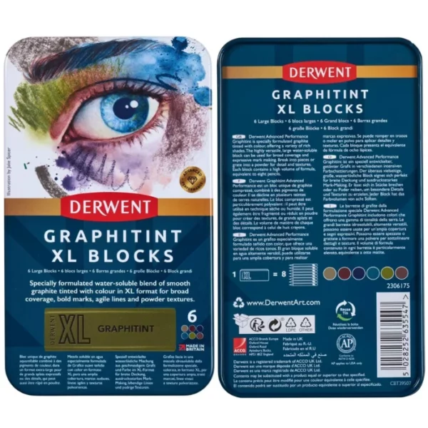 A Set of 6 Derwent Graphitint XL Blocks is shown twice in the frame. On the left hand side, you can see the front of the tin set. It has an image of a persons eye on the cover with a blue band around the base of the tin with white text describing the qualities of the set. On the right, the back of the tin set is shown. It is blue with white text and the red Derwent logo is printed at the top of the tin. On a white background.