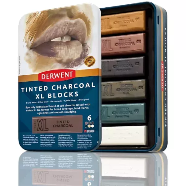 A single Set of 6 Derwent Tinted Charcoal XL Blocks is shown vertically in the center of the frame. The tin has a picture of a persons lips at the top of the tin and the bottom of the tin is blue with white text and has the details of the set printed on it. The Derwent logo is printed in red, in the center of the tin. Behind the tin lid, you can see the inside of the base tray that holds the 6 sticks. They are all a different colour and are debossed with the colour and codes. On a white background.