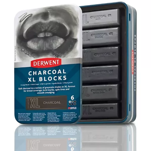 A single Set of 6 Derwent Charcoal XL Blocks is shown vertically in the center of the frame. The tin has a picture of a persons lips at the top of the tin and the bottom of the tin is blue with white text and has the details of the set printed on it. The Derwent logo is printed in red, in the center of the tin. Behind the tin lid, you can see the inside of the base tray that holds the 6 sticks. They are all a different colour and are debossed with the colour and codes. On a white background.