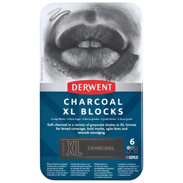 A single Set of 6 Derwent Charcoal XL Blocks is shown vertically in the center of the frame. The tin has a picture of a persons lips at the top of the tin and the bottom of the tin is blue with white text and has the details of the set printed on it. The Derwent logo is printed in red, in the center of the tin. On a white background.