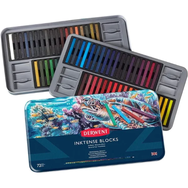 A Set of 72 Derwent Inktense Block is shown in the center of the frame. The tin lid is at the front of the frame and the two trays that hold the blocks are shown behind the lid. The blocks are lined up next to each other in the tray. The tin lid has a printed picture of a turtle on the cover with the Derwent logo printed in the center of the tin. On a white background.