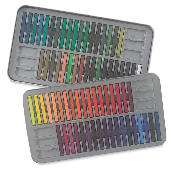 The two trays that hold the blocks from a Set of 72 Derwent Inktense Blocks is shown in the center of teh frame. The blocks are lined up next to each other. On a white background.