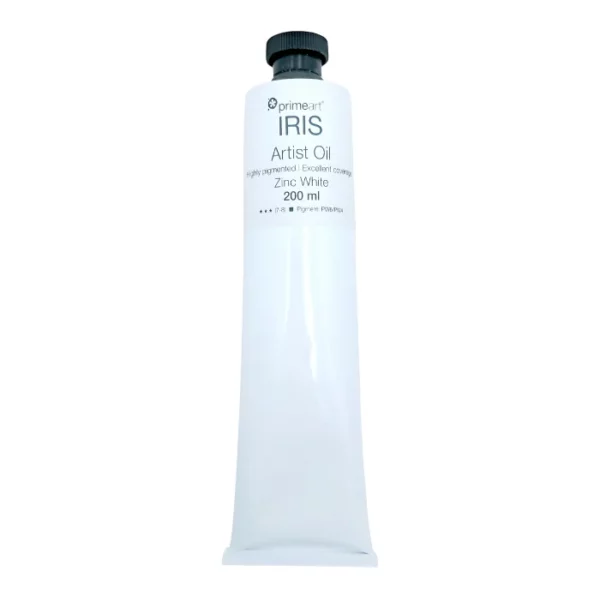 Zinc White Iris Oil Paint 200ml is seen standing vertically in the center of the frame. The tube is white and has a band of colour around the top of the tube that indicates the colour of the paint. The tube has a black plastic screw top. On a white background.